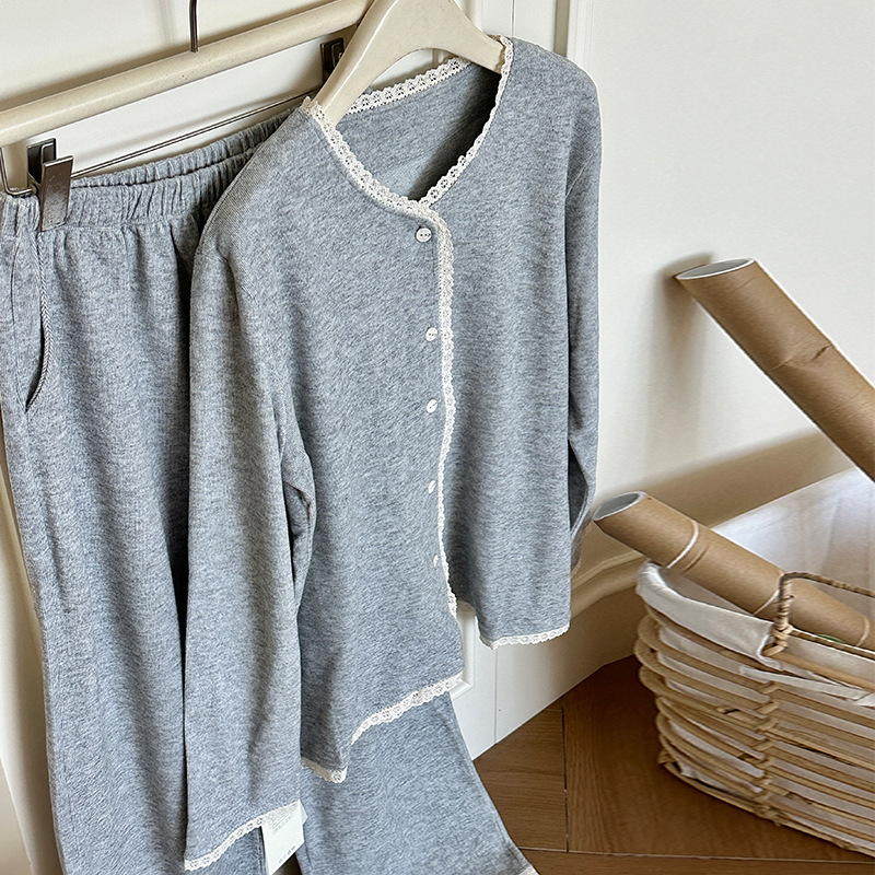 韩系小香风雪花蕾丝睡衣套装女秋冬款简约高级家居服二件套宽松 - 图2