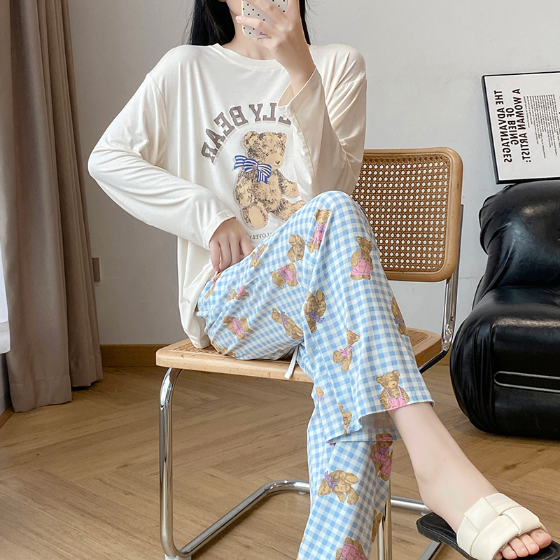 GP日系睡衣女春夏长袖长裤莫代尔卡通小熊格子印花家居服春秋套装 - 图1