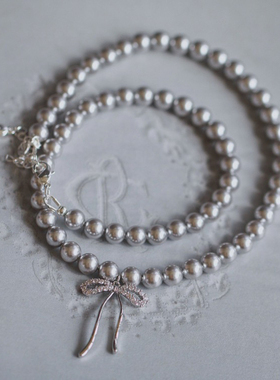 星姬灰珍珠蝴蝶结锁骨链