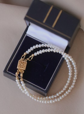 典雅浪漫赫本风天然淡水珍珠手链女 轻奢14K包金蕾丝方扣珍珠手串