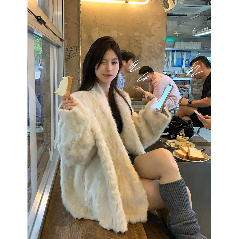 Adan仿兔毛浴袍外套冬季韩系宽松慵懒百搭皮毛一体环保皮草大衣女,淘宝优惠券,粉丝福利购,淘宝优惠卷
