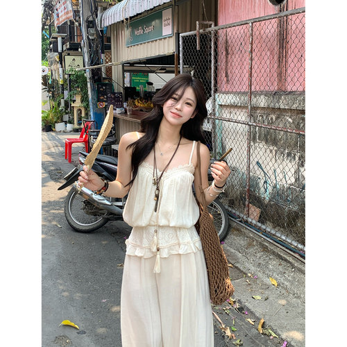 DDang 亚麻花苞裤吊带套装2026夏季复古度假休闲凉感蕾丝上衣女 - 图2