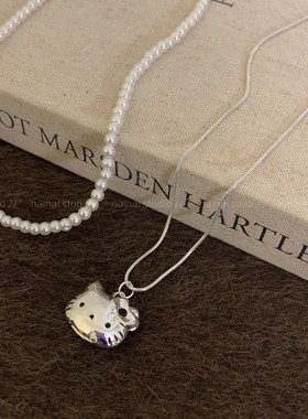 KT抽拉项链~珍珠双层Kitty猫咪长款毛衣链卫衣链叠戴小众配饰女秋