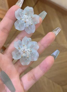 玫瑰花耳钉~蓝色串珠花朵耳环2026夏季新款超仙度假风甜美耳饰女A