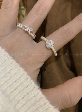 精致珍珠戒指~锆石超闪高级感轻奢H字母蝴蝶结食指戒开口指环女潮