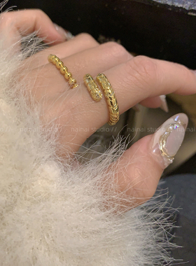 中古风蛇形戒指~碎钻叠戴素圈高级感轻奢指环百搭小众设计食指戒