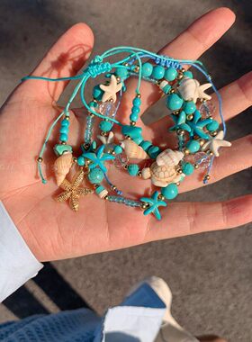 蓝色海星贝壳手链~海边度假风海螺串珠手串抽绳波西米亚夏天手饰