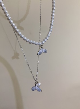 人鱼项链~渐变水晶鱼尾珍珠锁骨链2025新款爆款轻奢海边颈链配饰