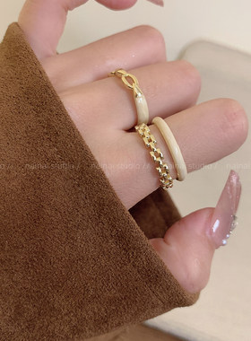 滴釉戒指集合~白色蝴蝶超仙珍珠双层花朵食指戒叠戴韩系ins指环A