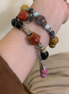 民族风手链~陶瓷新中式复古禅意国风弹力手饰串珠手串小众手绳女A