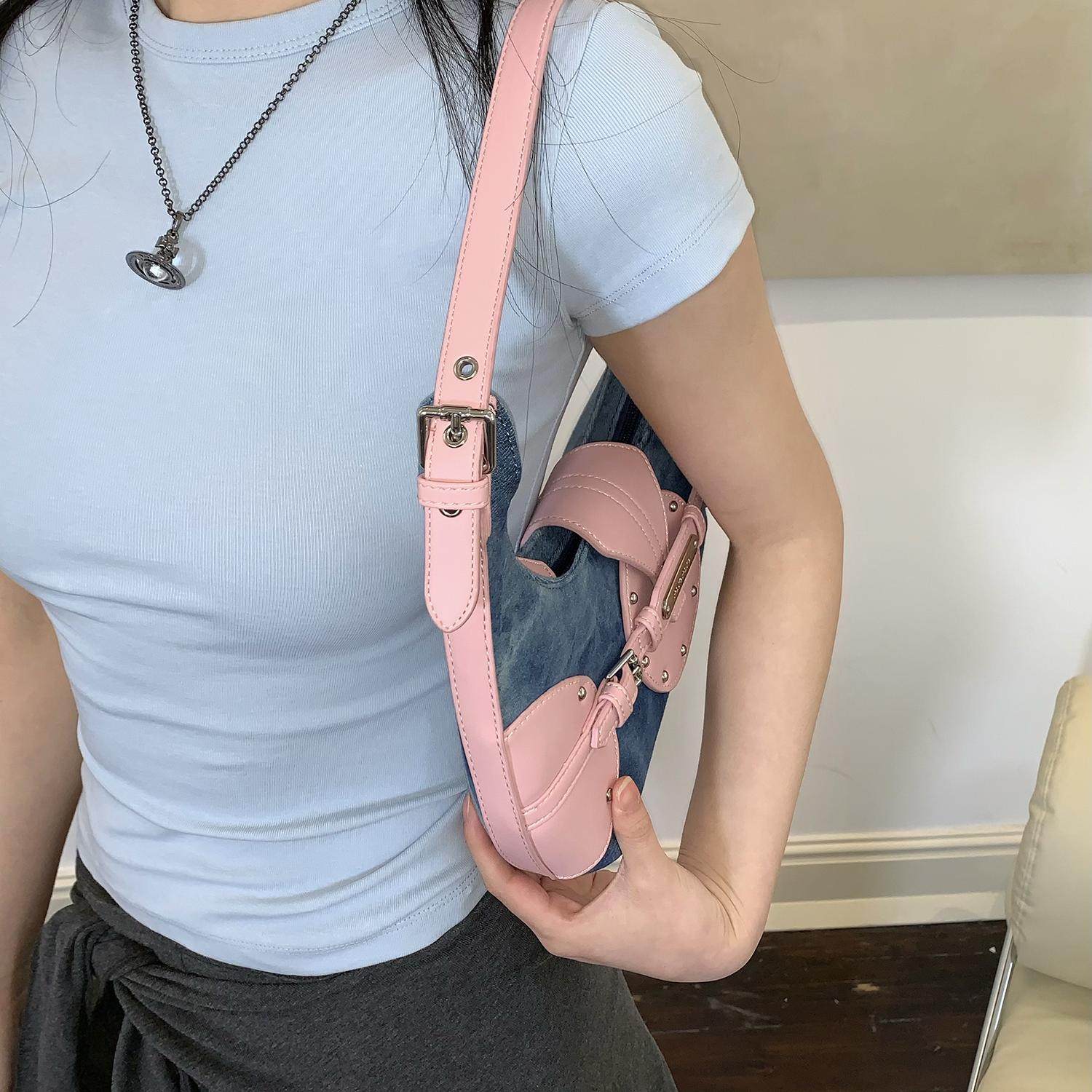 ParoParo美派甜心！原创Y2K欧美复古牛仔布百搭休闲月牙型腋下包 - 图1