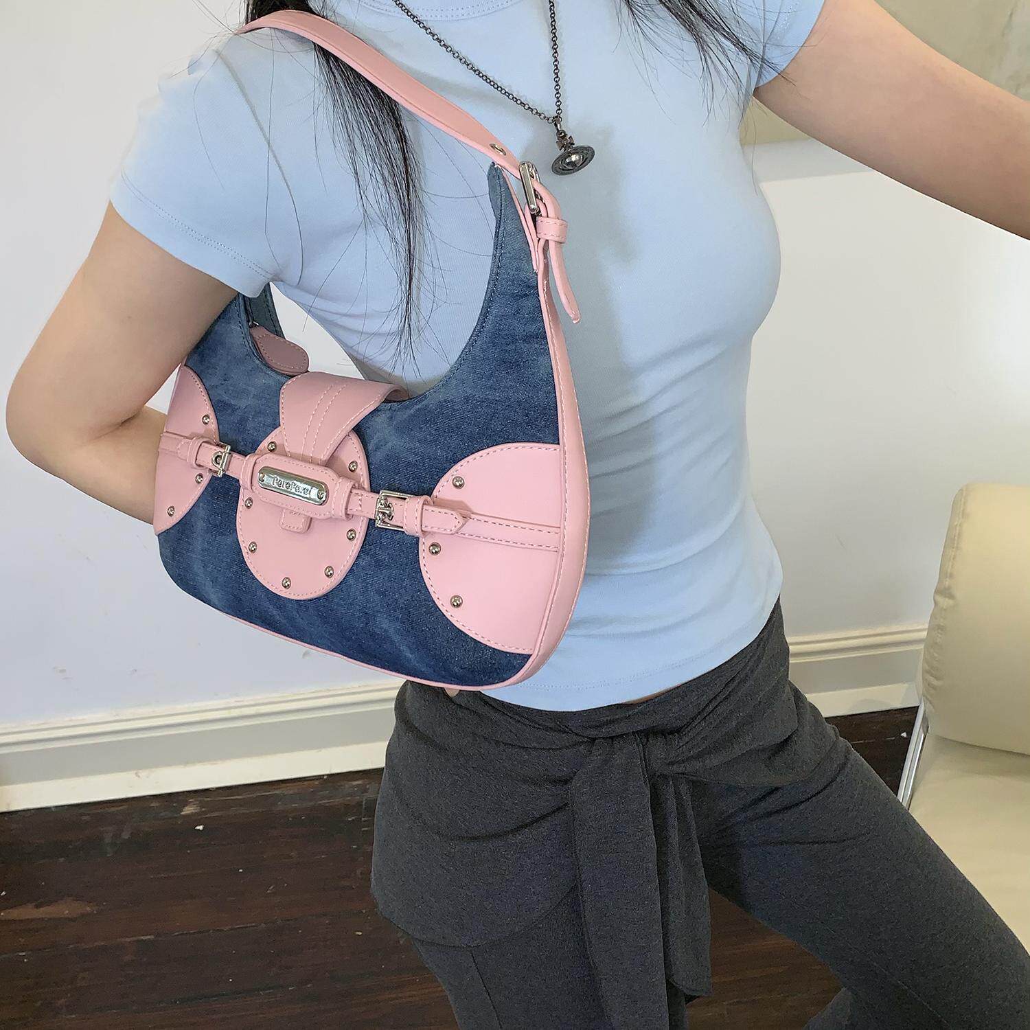 ParoParo美派甜心！原创Y2K欧美复古牛仔布百搭休闲月牙型腋下包 - 图0