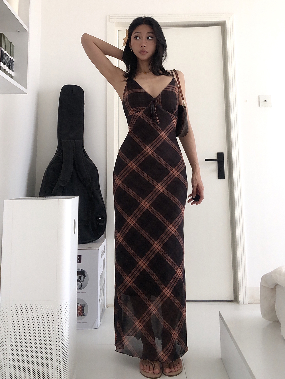 A BEAN 美式复古辣妹 V领撞色菱格网纱连衣长裙 修身包臀吊带裙 - 图0