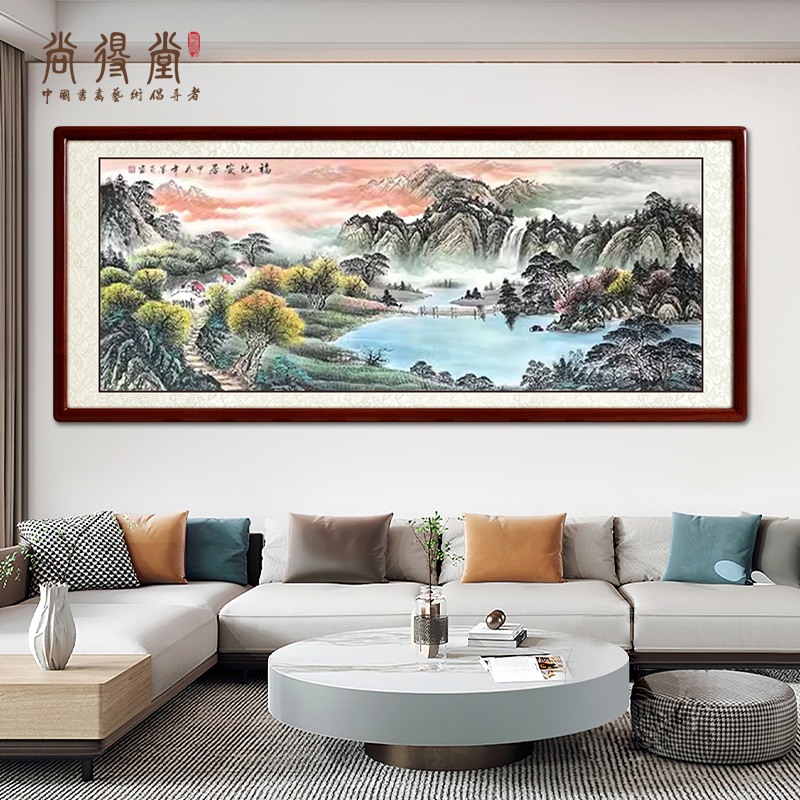 新中式客厅装饰画国画手绘真迹聚宝盆办公室风水挂画靠山图山水画