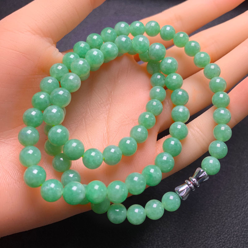 天然翡翠项链，满绿翡翠项链 银镶珠链 - 图1