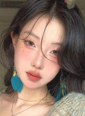 民族风高级感长款羽毛流苏耳环女复古出游百搭耳坠无耳洞耳夹耳饰