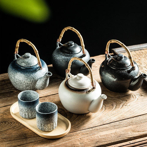 大容量茶壶陶瓷壶 复古日式功夫茶壶竹柄手提壶冲茶壶喝茶单壶 - 图0