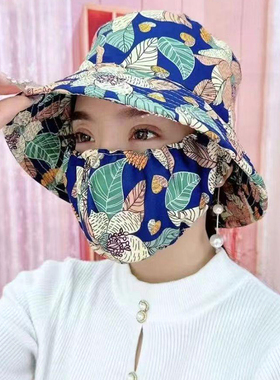 防晒口罩一体帽子遮阳帽女款防紫外线防风帽新款户外夏季太阳帽女