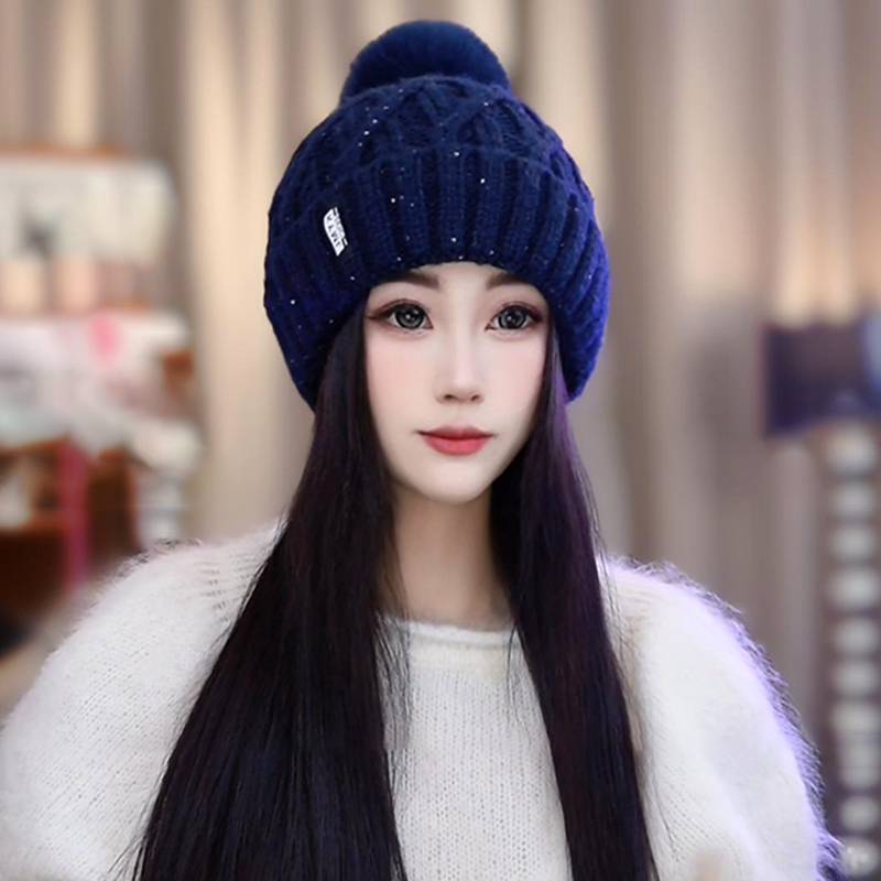 毛球针织毛线帽女秋冬保暖2025新款时尚洋气加厚防寒帽子女包头帽 - 图0