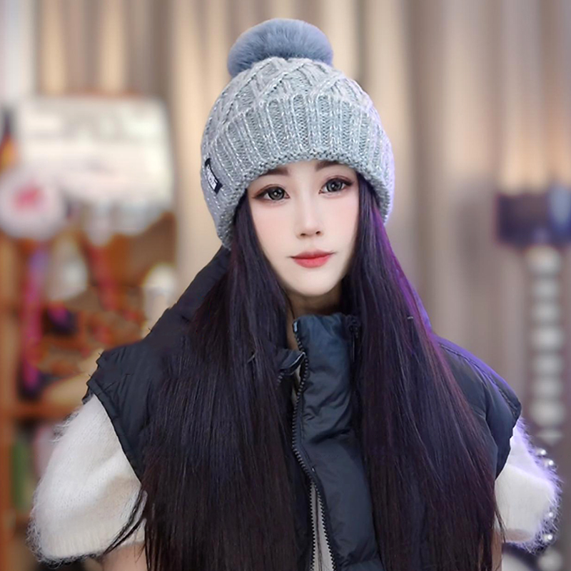 毛球针织毛线帽女秋冬保暖2025新款时尚洋气加厚防寒帽子女包头帽 - 图1