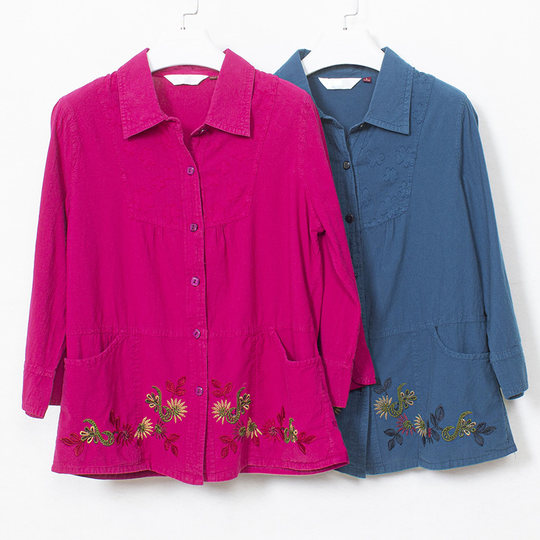 中老年女装纯棉七分袖衬衫大码妈妈装全棉绣花上衣2023夏季新薄款