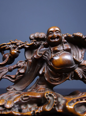 旧藏黄杨木雕弥勒佛小摆件办公室书房装饰品 长10cm宽2.5cm高5cm