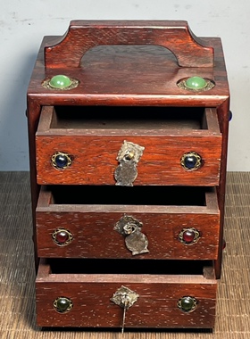 仿古首饰盒花梨木镶珠子三抽屉提盒收纳盒实木桌面摆件14x12x19cm