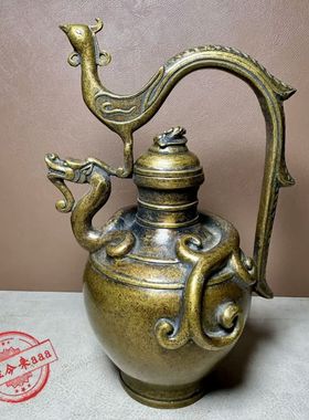 仿古老式纯铜龙壶龙凤手柄壶铜酒壶茶壶特色工艺品摆件藏族怀旧壶
