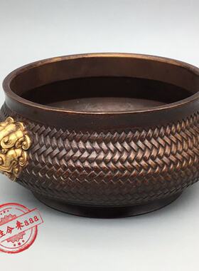 仿古纯铜编织纹双兽耳香炉摆件家居装饰品铜炉香炉收藏家用熏香炉