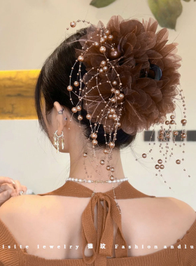 牡丹花羽毛流苏抓夹女新款发夹
