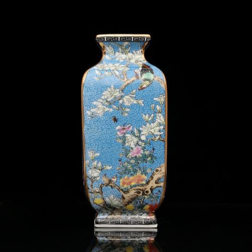 仿大清乾隆年制蓝地珐琅彩描金四方花鸟花瓶仿古玩瓷器收藏_虎窝淘