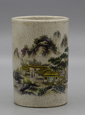 仿大清光绪年制粉彩山水小笔筒仿古瓷器老货旧货古董古玩收藏摆件