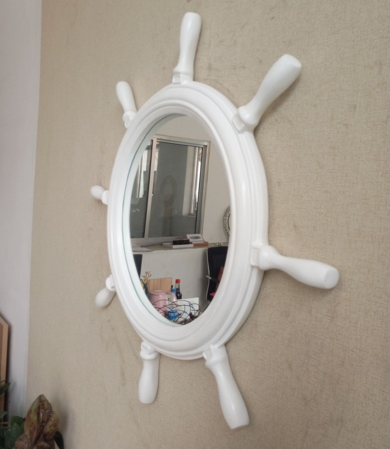 地中海卫浴化妆壁挂浴室镜玄关复古装饰圆形打孔舵手轮卫生间镜子 - 图0