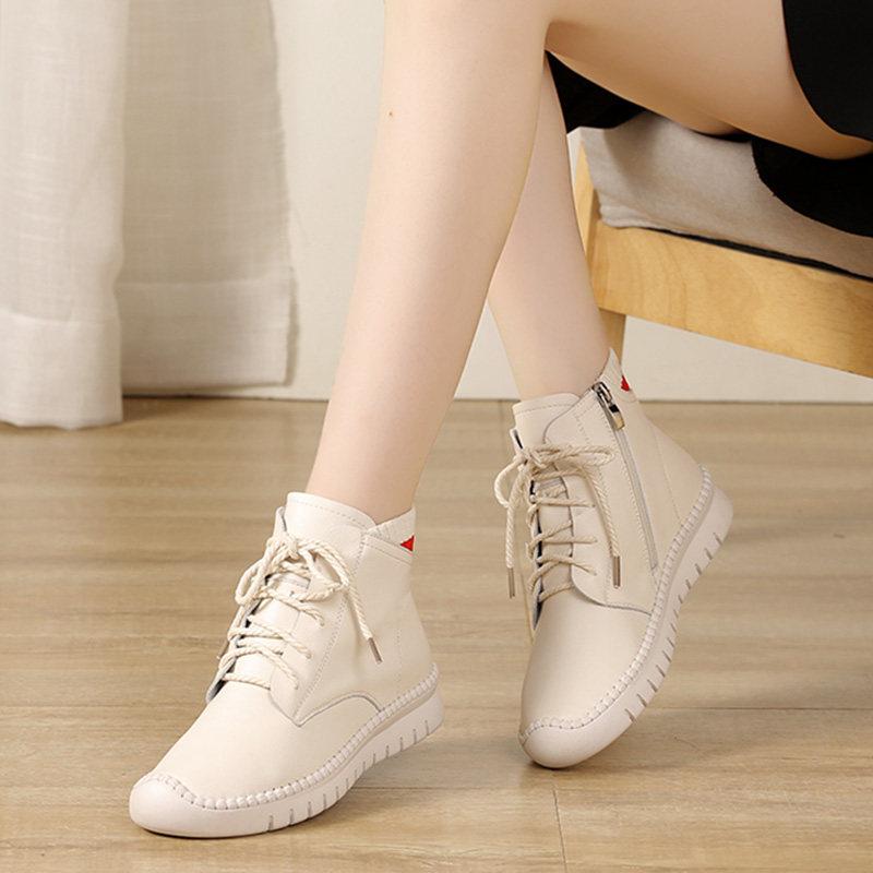 真皮短靴女百搭秋冬新款米色二棉加绒平底低跟软底高帮皮鞋马丁靴,淘宝优惠券,粉丝福利购,淘宝优惠卷