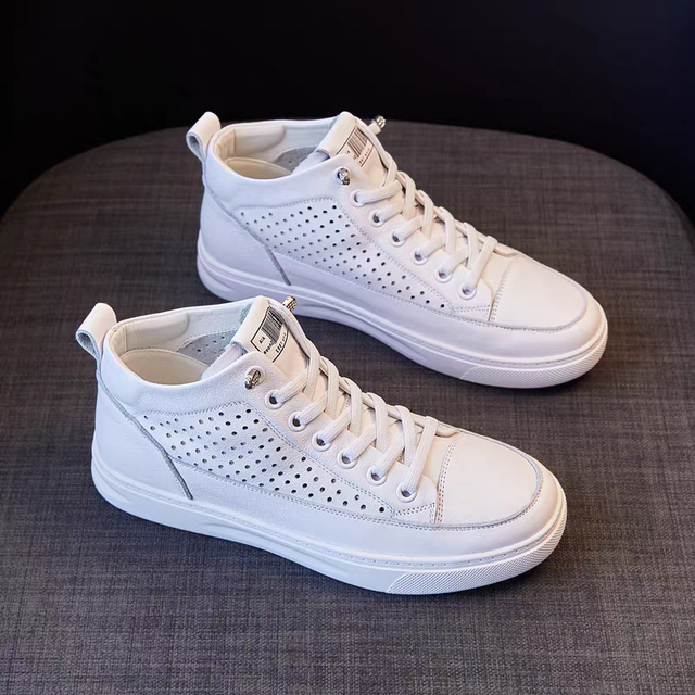 First-layer soft cowhide high-top white shoes for women, comfortable and breathable