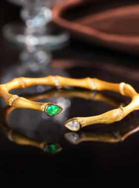 V姐推荐培育祖母绿黄金色拉丝竹节贵妃手镯节节高升S925可调节