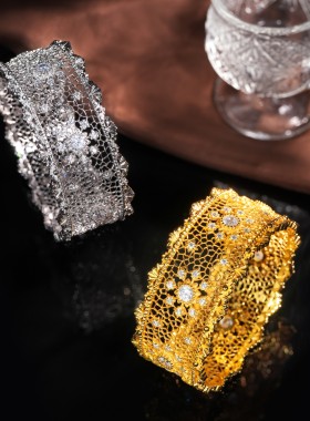 VISING珠宝手工蕾丝手镯意大利风爆闪黄金色银镯子S925银