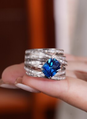 VISING珠宝皇家蓝色无缝拼钻霸气戒指指环S925银