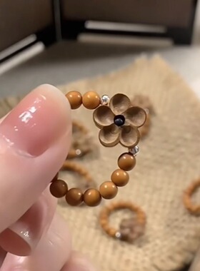 天然桃木复古梅花S925橄榄核弹力绳指环戒指文玩小米压惊女款