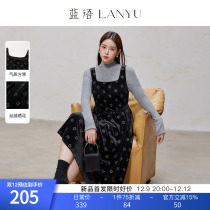 (new product limited- 75 folded superimposed stand-down 15%) Blue language big code black display slim velvet vest one-piece dress