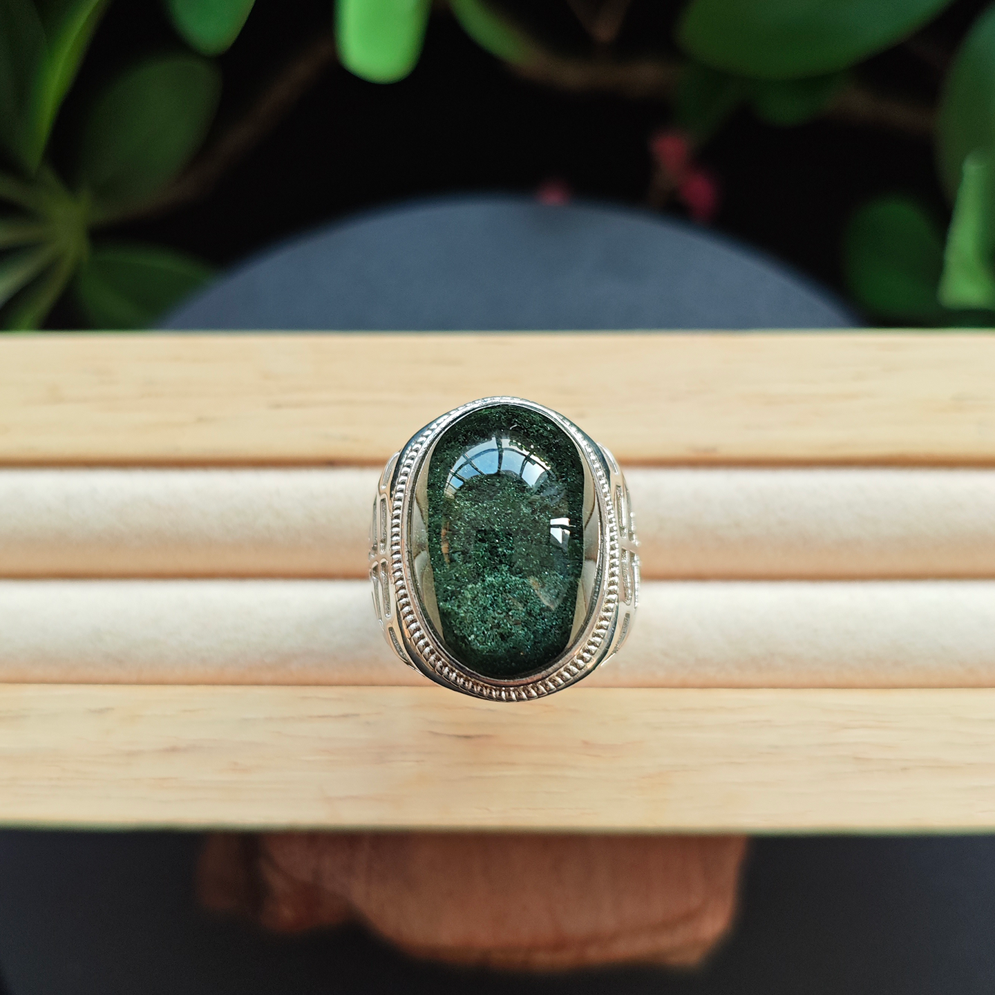 天然水晶绿幽灵戒指霸气定制水晶高货收藏男款聚宝盆翠绿纯银戒指 - 图0