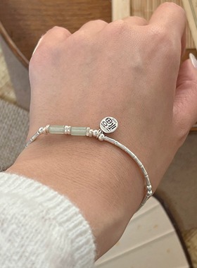 纯银福牌东陵玉桶珠竹节手链轻奢