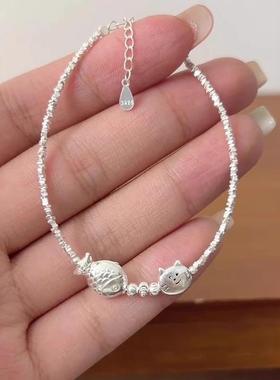 s925纯银小猫锦鲤鱼碎银手链