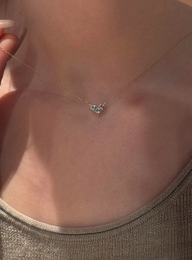 S925纯银海蓝宝项链极细闪钻爱心