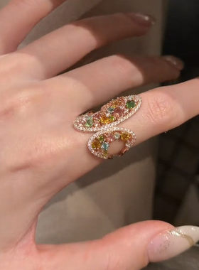 中古不规则彩色宝石仿钻蝴蝶戒指女小众轻奢精致设计感食指戒指环