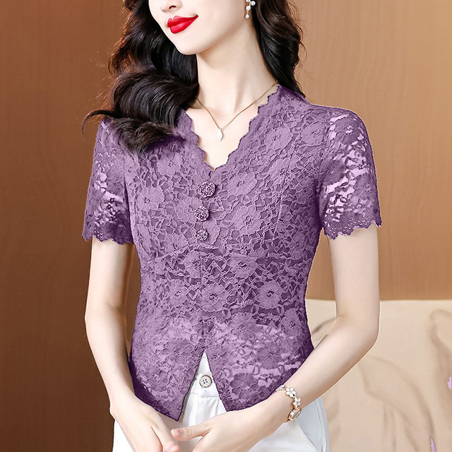ເສື້ອຍືດແຂນສັ້ນ retro lace hollow ຝຣັ່ງສໍາລັບແມ່ຍິງ