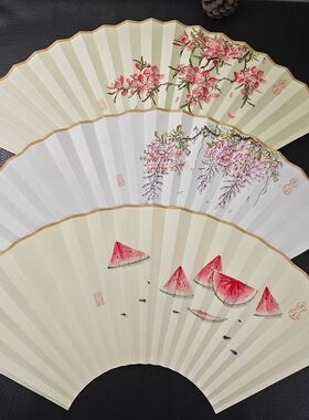 7-95寸18方绢布手绘扇面文玩折扇竹子西瓜紫藤桃花兰花墨竹兰花