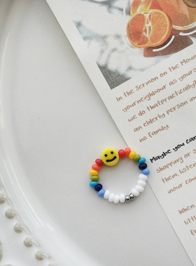 花糖｜笑一下｜捷克琉璃可爱彩虹七彩糖豆彩色笑脸串珠戒指小众