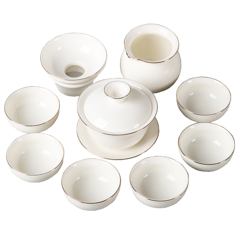 素木居象牙白玉瓷茶具套装陶瓷描金白瓷功夫茶具家用盖碗茶杯套组