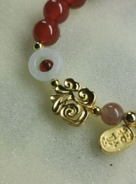 新款天然红玛瑙925银福字手链玉髓水晶原石单圈串珠手串女饰品